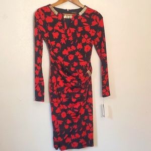 Thalia Sodi Red and Black Long-Sleeved Dress with gold Embellishments